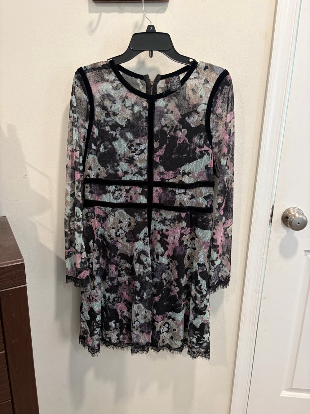Fire Los Angeles Black Lace Long Sleeve Floral-Print Dress with Pastel Accents